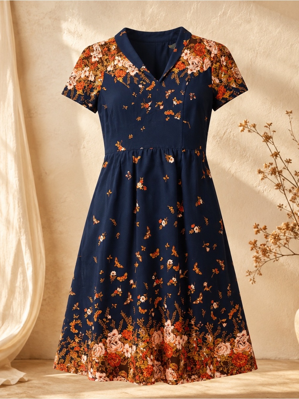 ModCloth Navy Floral Border Dress with Orange and Pink Details